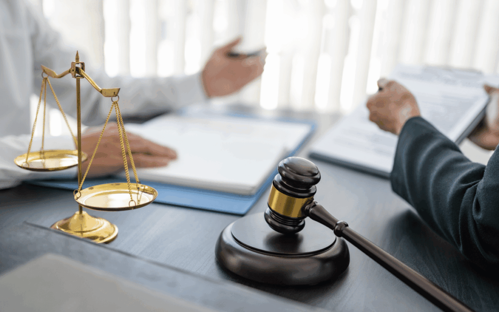 Empresarios recibiendo asesoramiento legal en un despacho de abogados para derecho mercantil